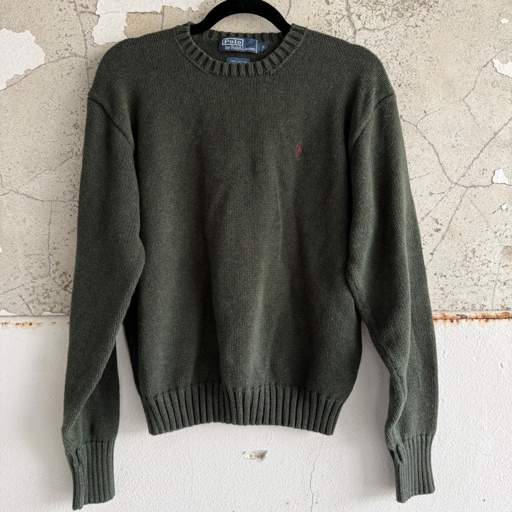 Vintage Polo Ralph Lauren Sweater Mens M Green Cotton Knit Pullover Pony Logo